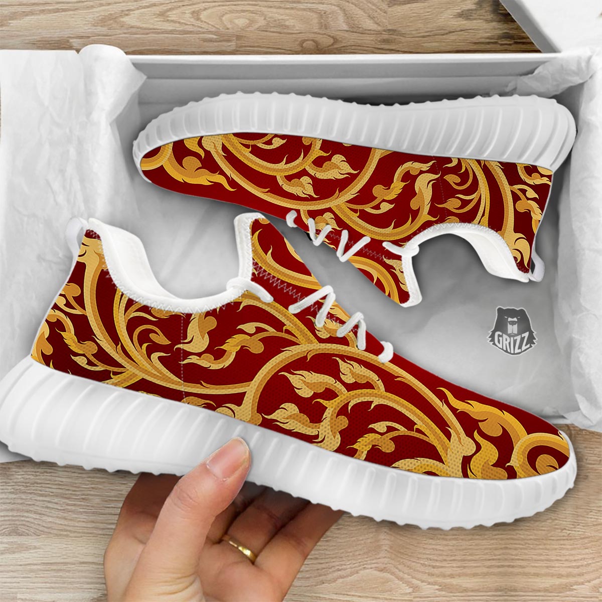 Vines Thai Winding Print White Walking Shoes-grizzshop