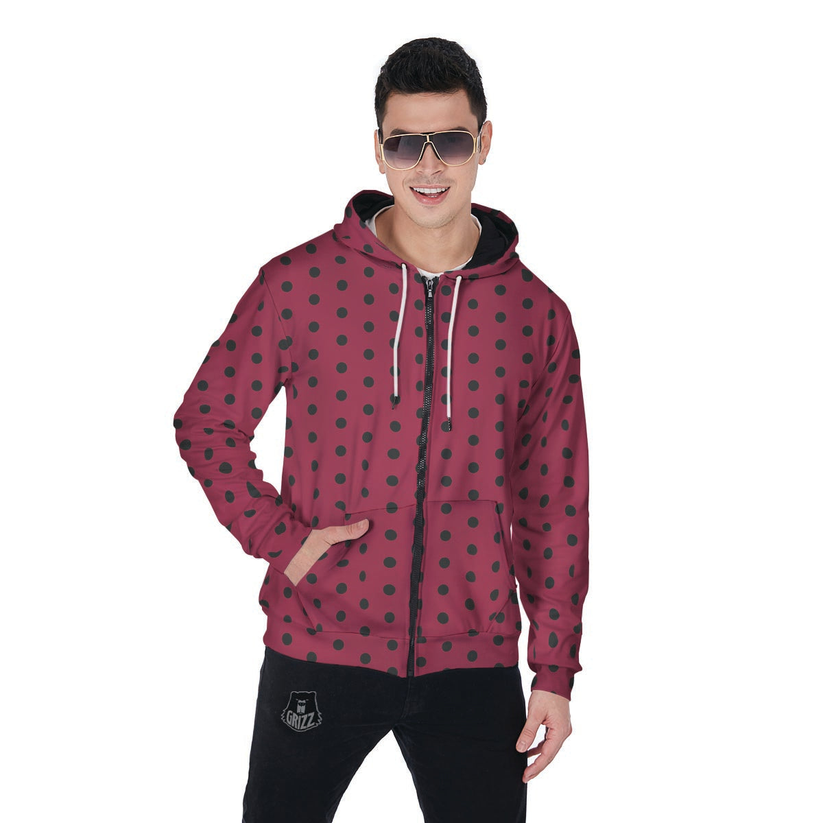 Vintage Black And Pink Tiny Polka Dot Men's Zip Up Hoodie-grizzshop