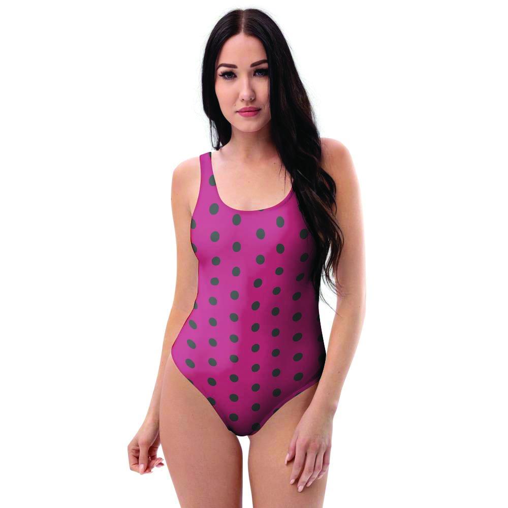 Vintage Black And Pink Tiny Polka Dot One Piece Swimsuite-grizzshop