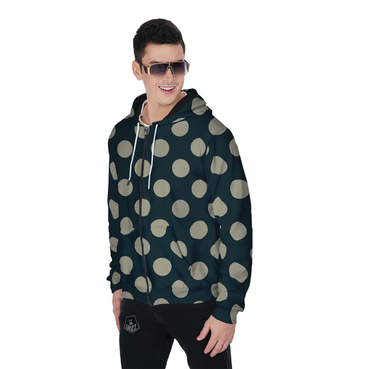 Vintage Black Polka Dot Men's Zip Up Hoodie-grizzshop