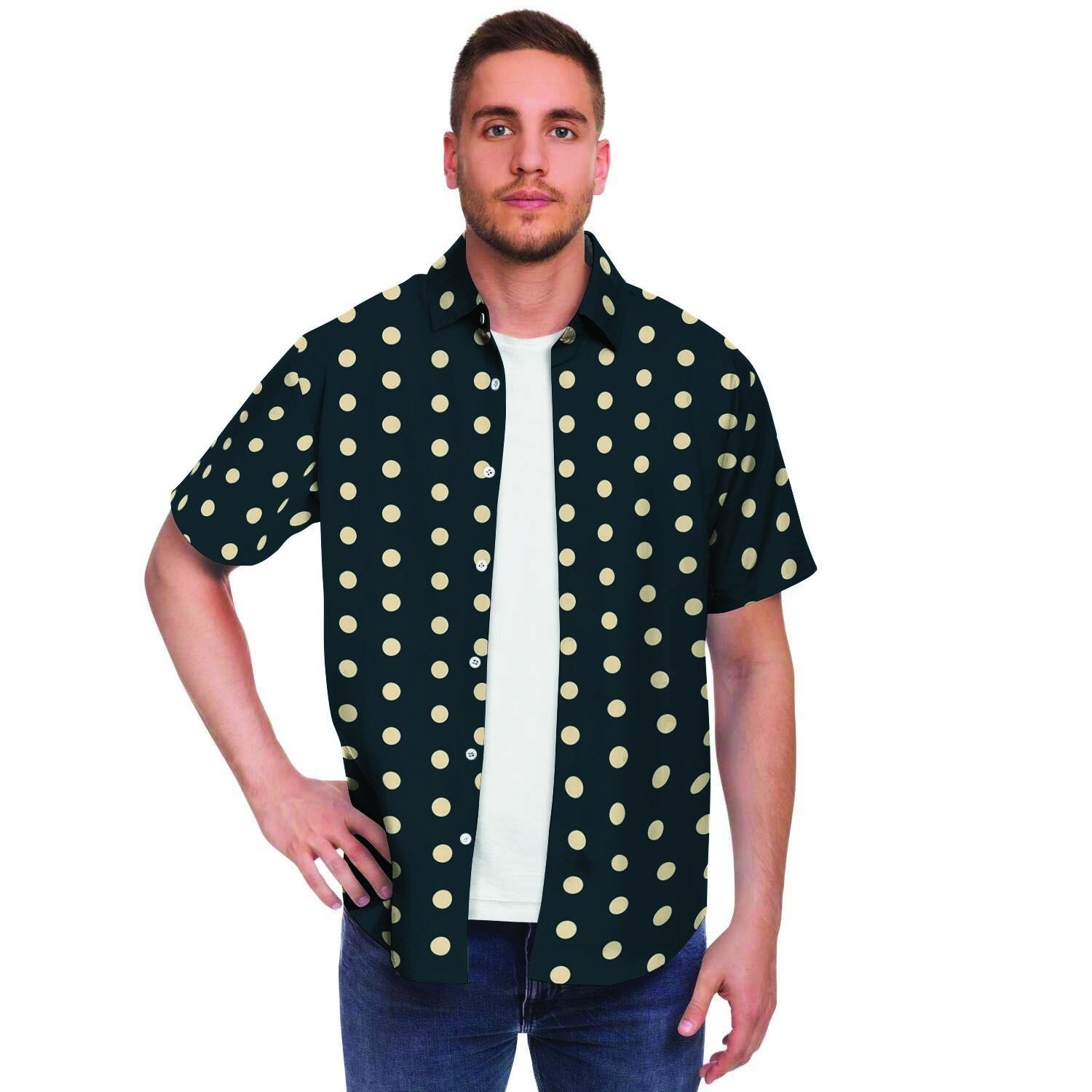 Vintage Black Tiny Polka Dot Men's Short Sleeve Shirt-grizzshop
