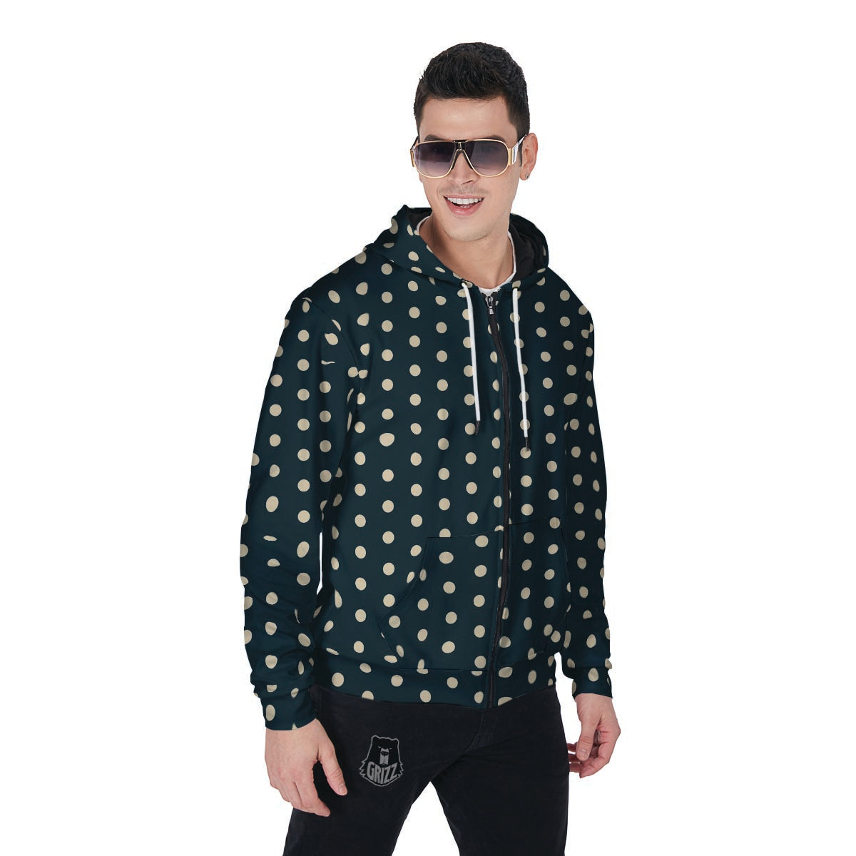 Vintage Black Tiny Polka Dot Men's Zip Up Hoodie-grizzshop