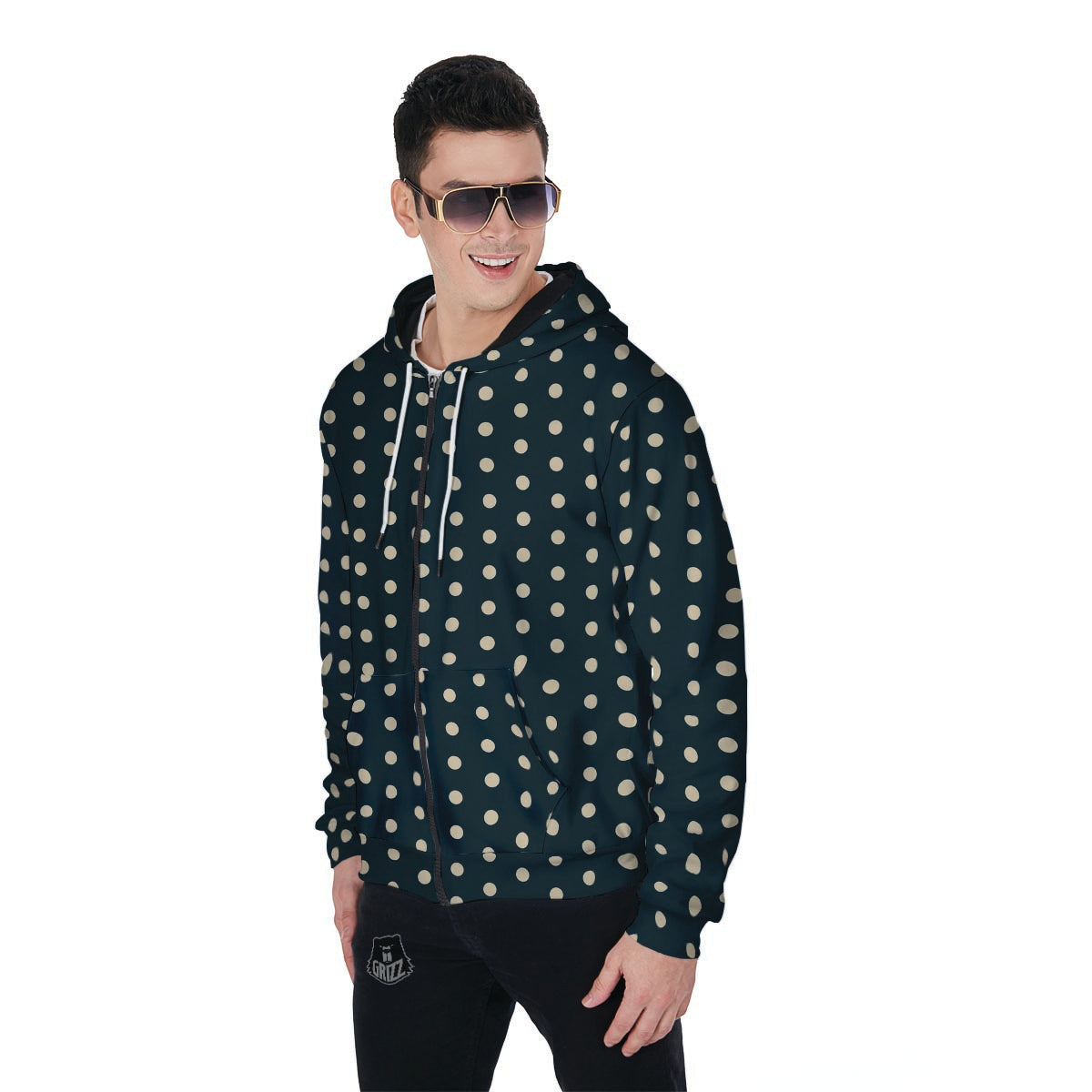 Vintage Black Tiny Polka Dot Men's Zip Up Hoodie-grizzshop