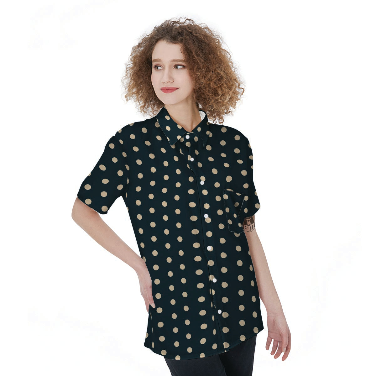 Vintage Black Tiny Polka Dot Women's Short Sleeve Shirts-grizzshop