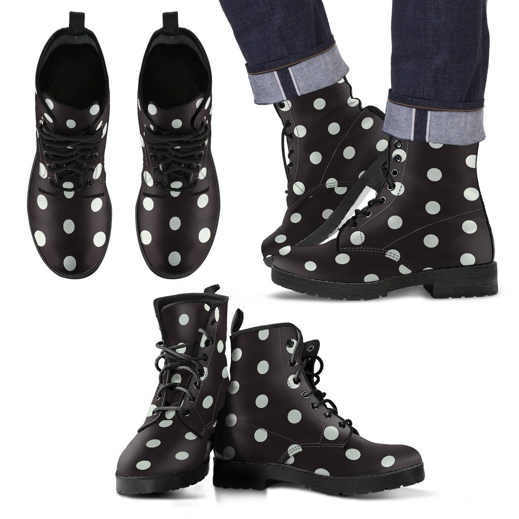 Vintage Black White Polka dot Pattern Print Men Women Leather Boots-grizzshop