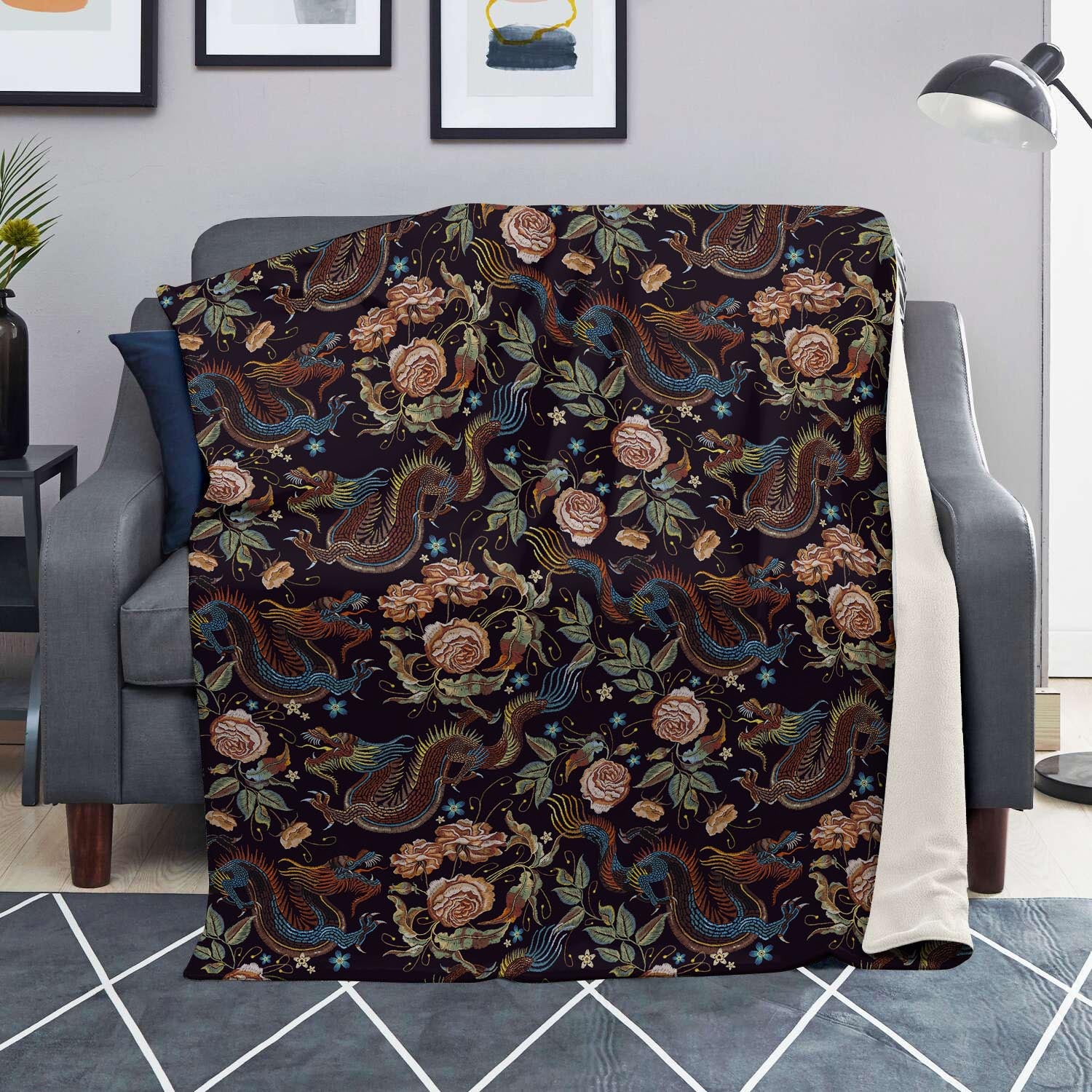 Vintage Chinese Dragon Floral Print Blanket-grizzshop