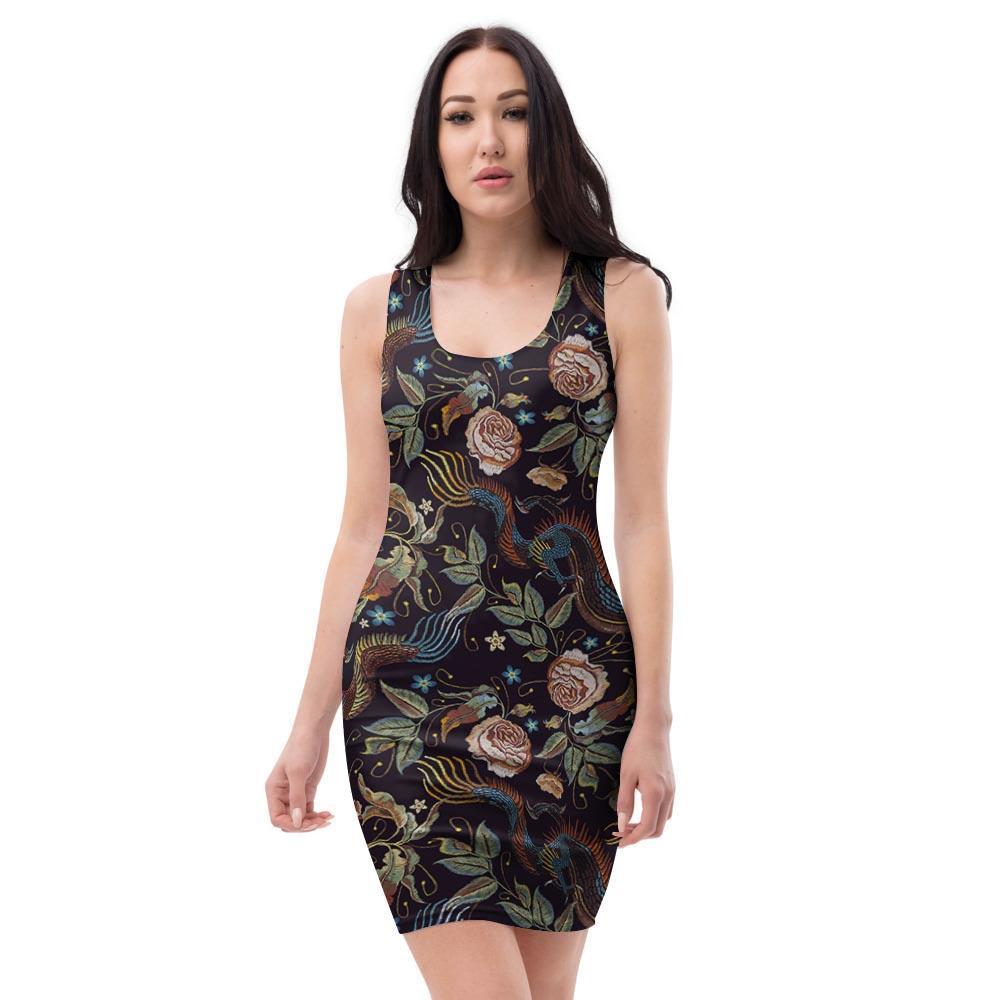 Vintage Chinese Dragon Floral Print Bodycon Dress-grizzshop