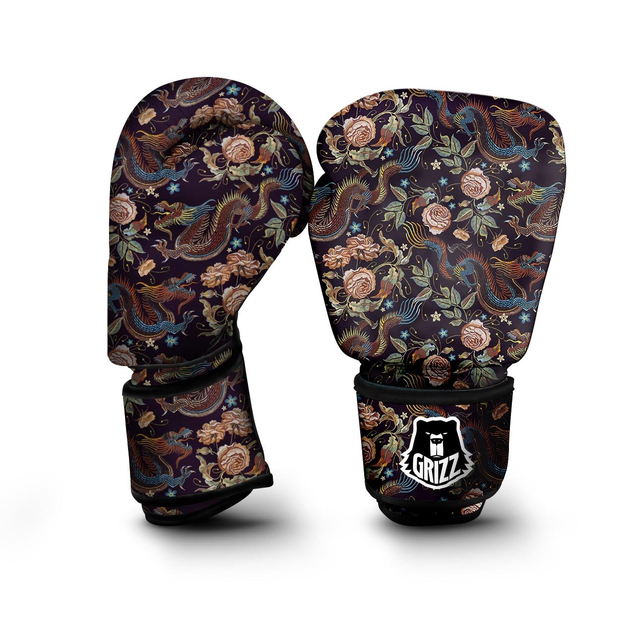 Vintage Chinese Dragon Floral Print Boxing Gloves-grizzshop