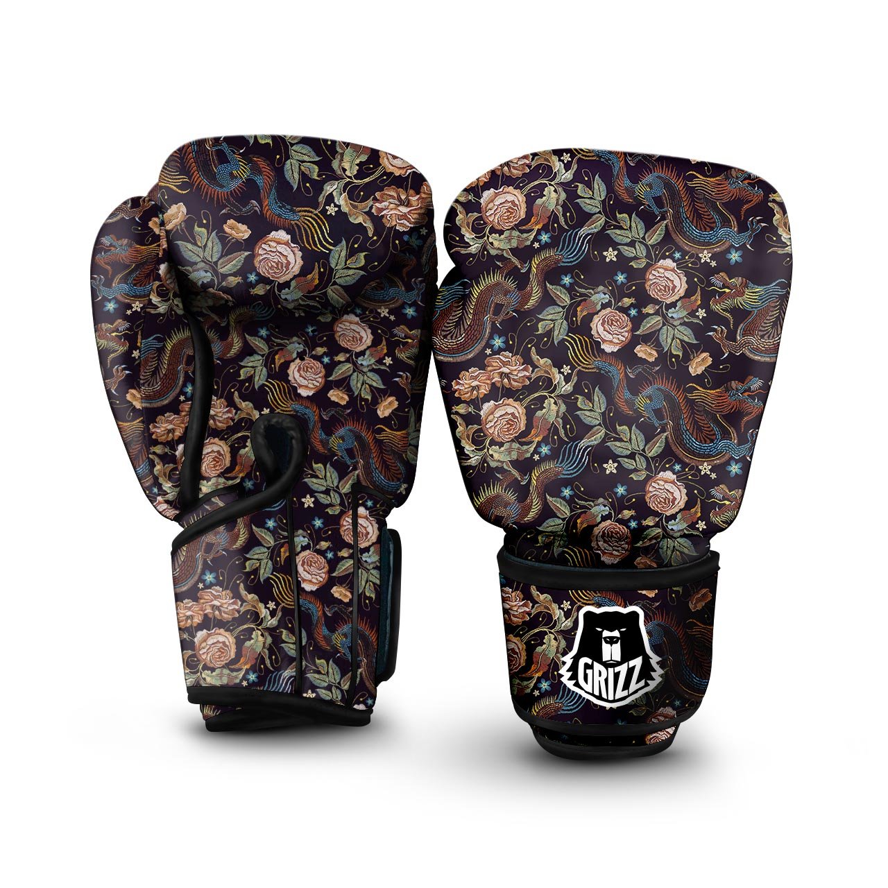 Vintage Chinese Dragon Floral Print Boxing Gloves-grizzshop