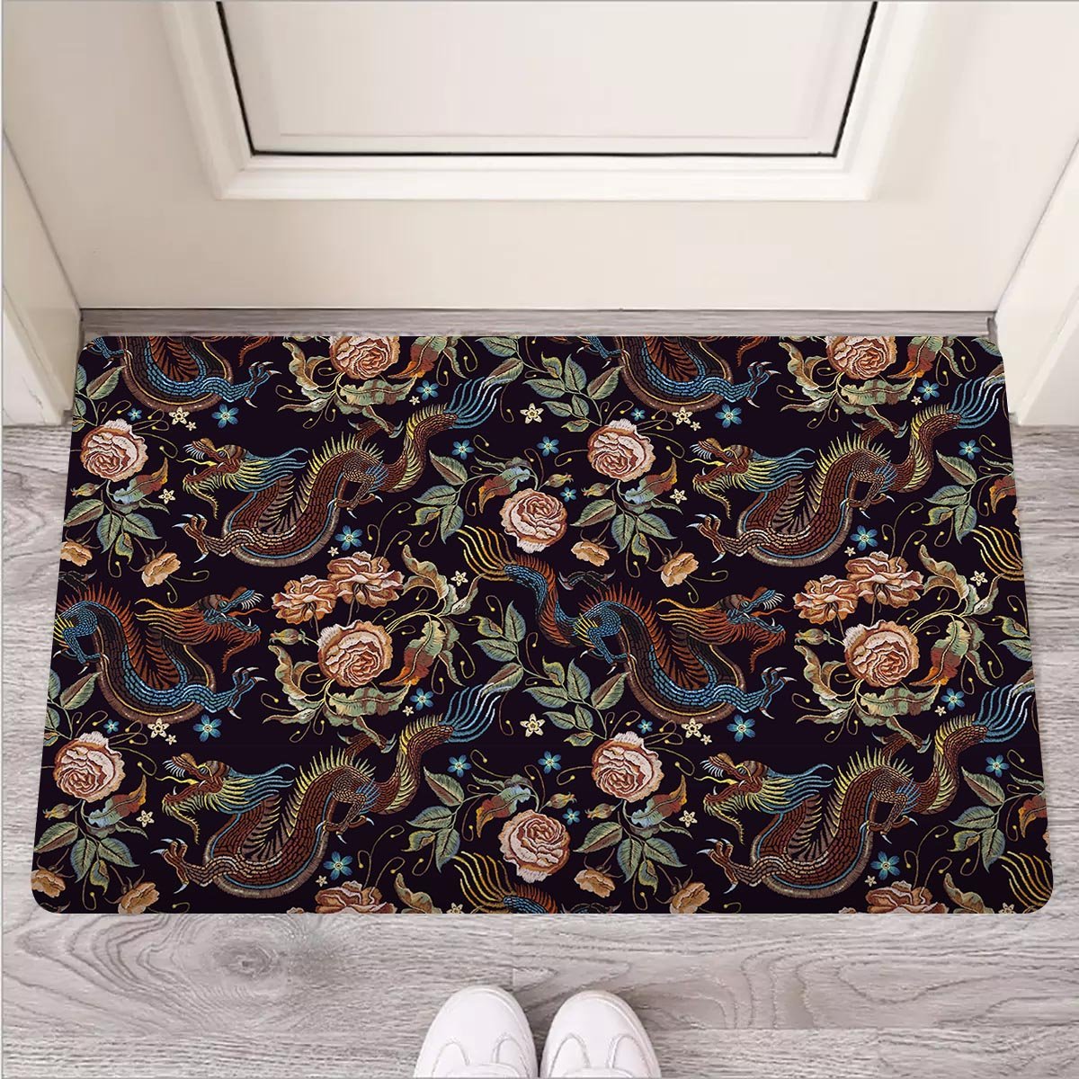 Vintage Chinese Dragon Floral Print Door Mat-grizzshop