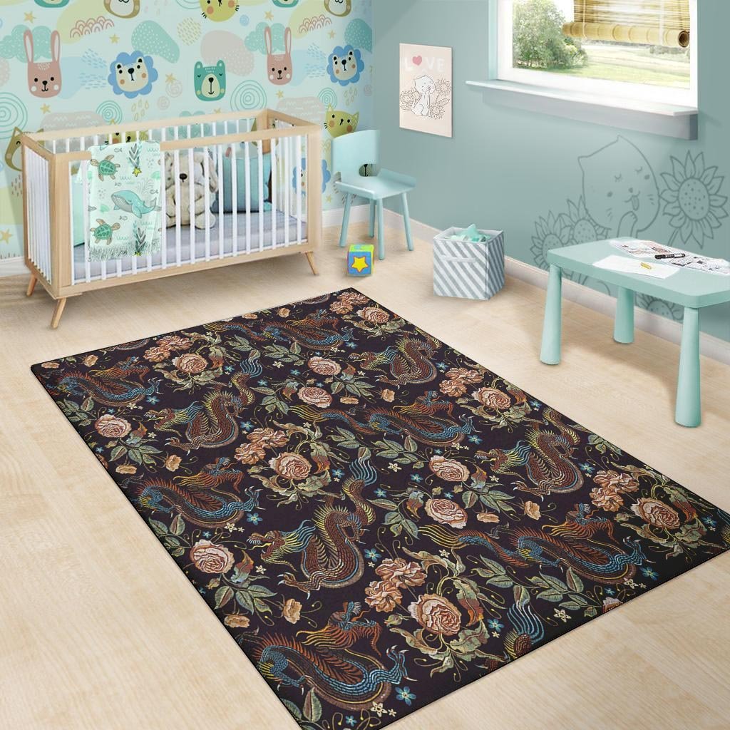Vintage Chinese Dragon Floral Print Floor Mat-grizzshop