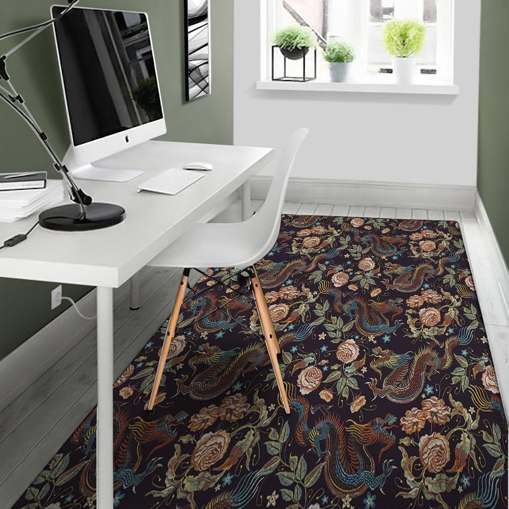 Vintage Chinese Dragon Floral Print Floor Mat-grizzshop