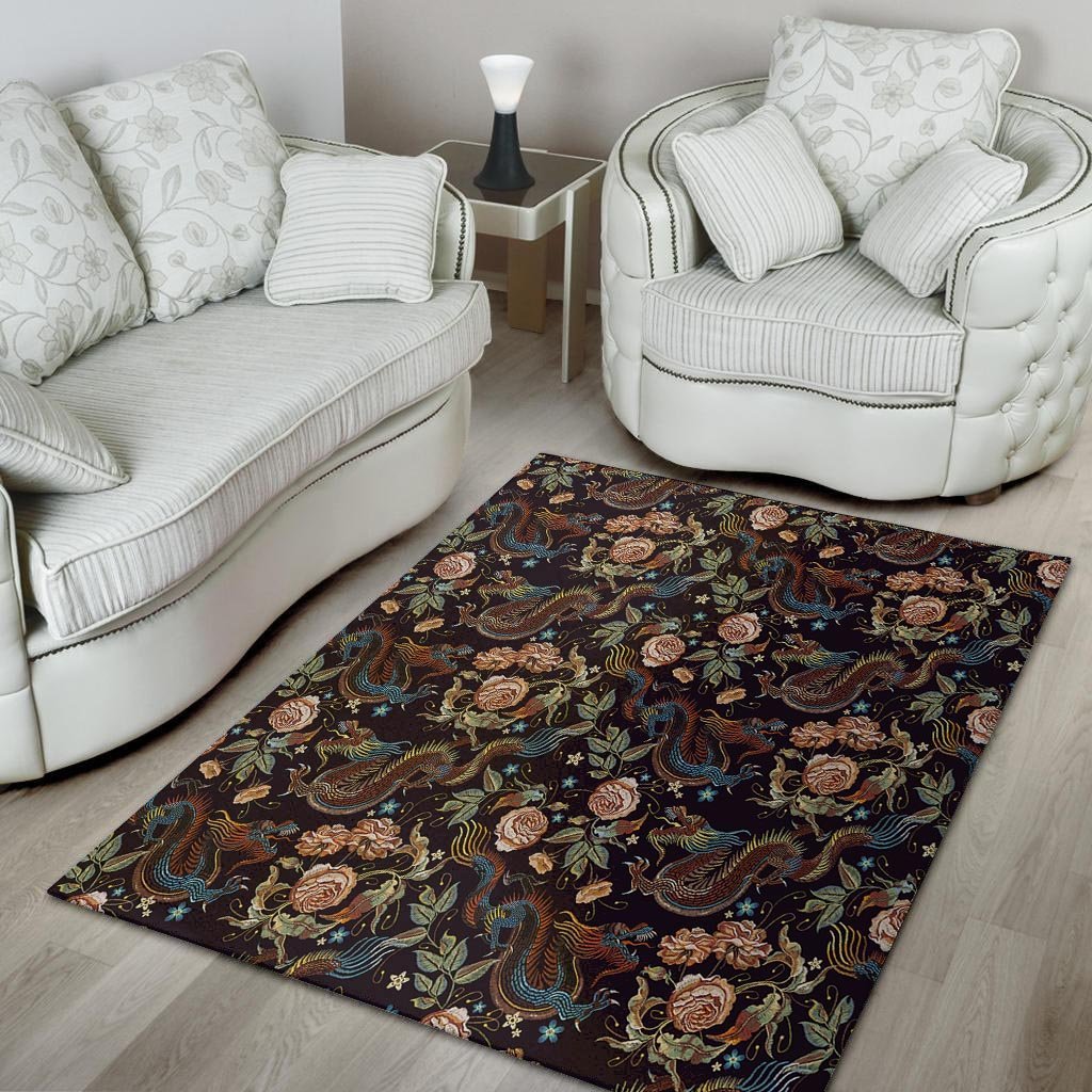 Vintage Chinese Dragon Floral Print Floor Mat-grizzshop