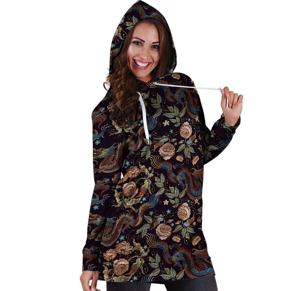 Vintage Chinese Dragon Floral Print Hoodie Dress-grizzshop