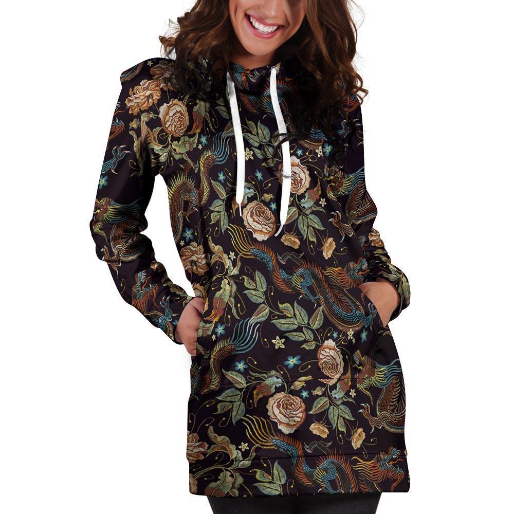 Vintage Chinese Dragon Floral Print Hoodie Dress-grizzshop