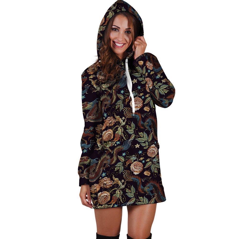 Vintage Chinese Dragon Floral Print Hoodie Dress-grizzshop