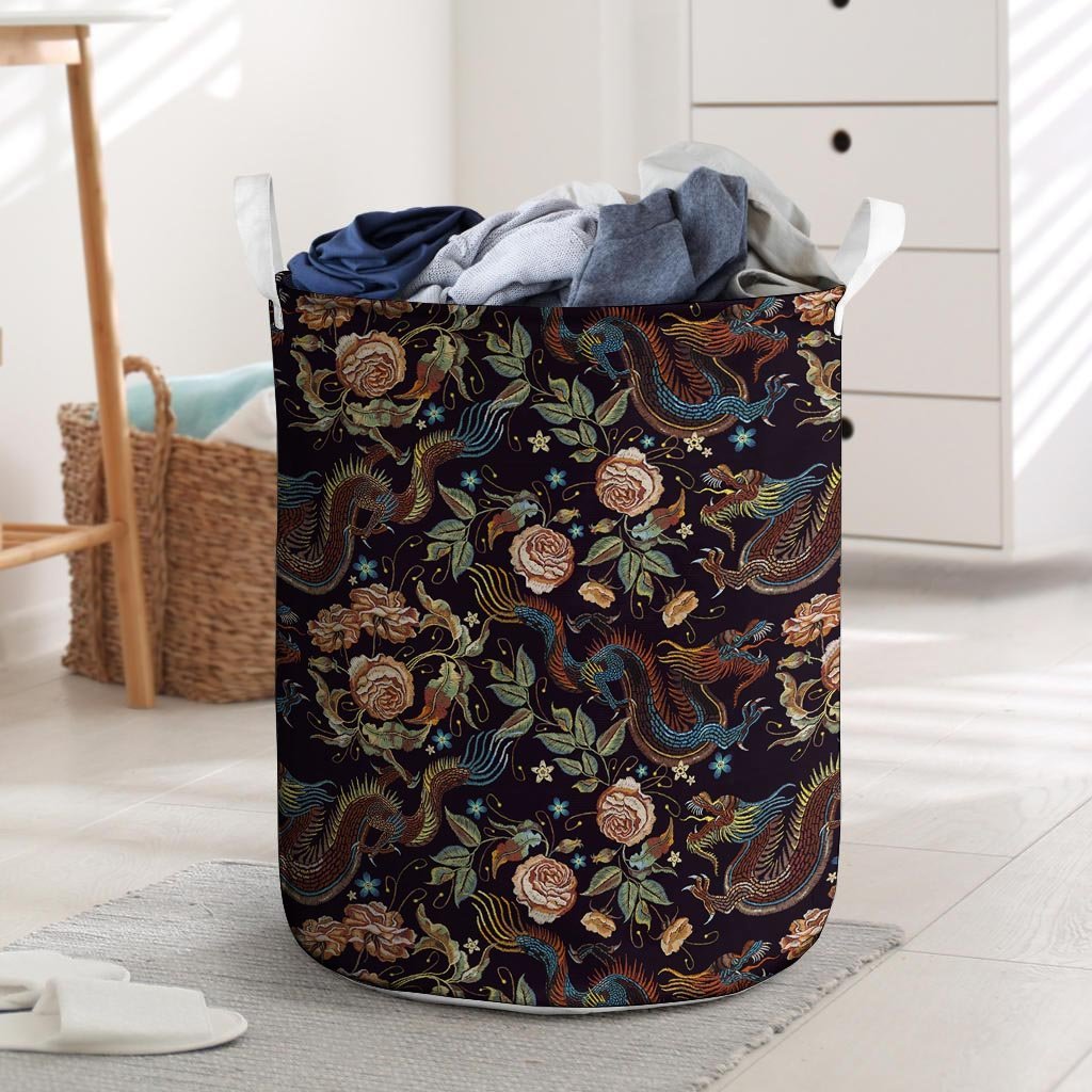 Vintage Chinese Dragon Floral Print Laundry Basket-grizzshop