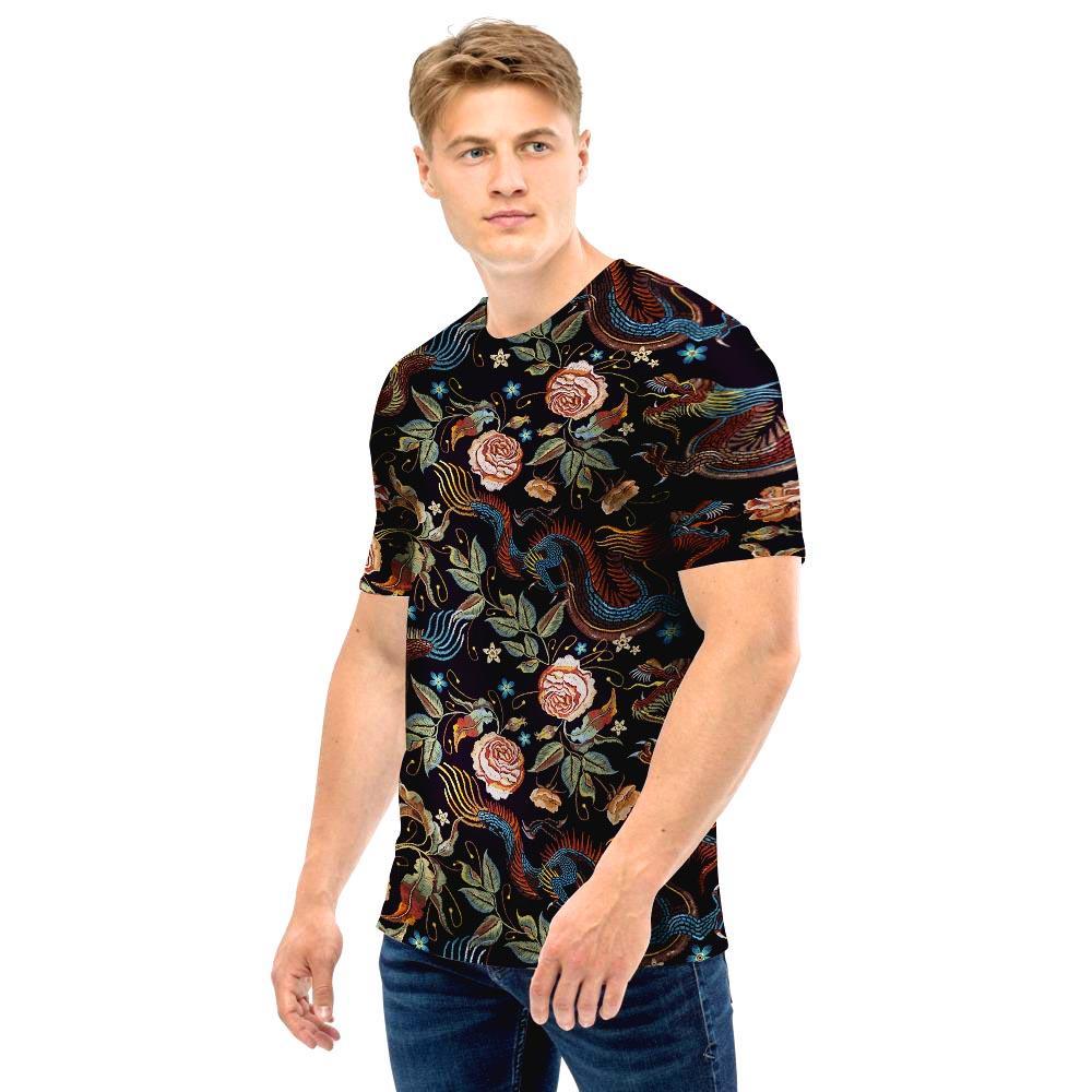 Vintage Chinese Dragon Floral Print Men T Shirt-grizzshop