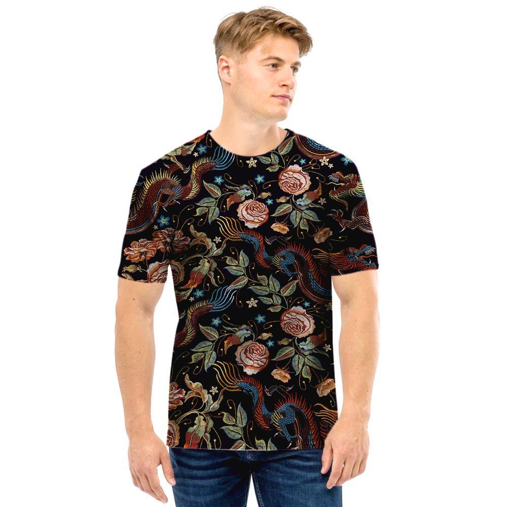 Vintage Chinese Dragon Floral Print Men T Shirt-grizzshop