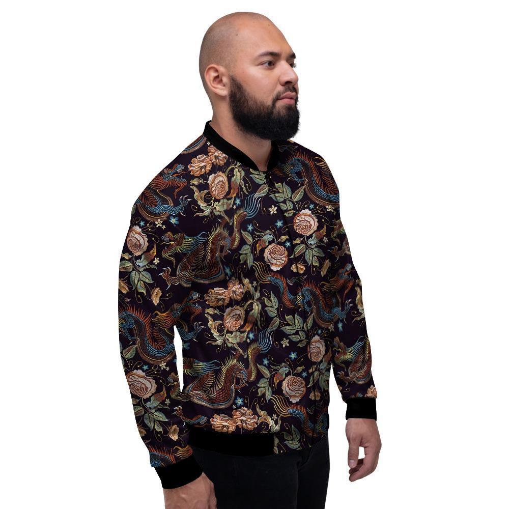 Vintage Chinese Dragon Floral Print Men's Bomber Jacket-grizzshop