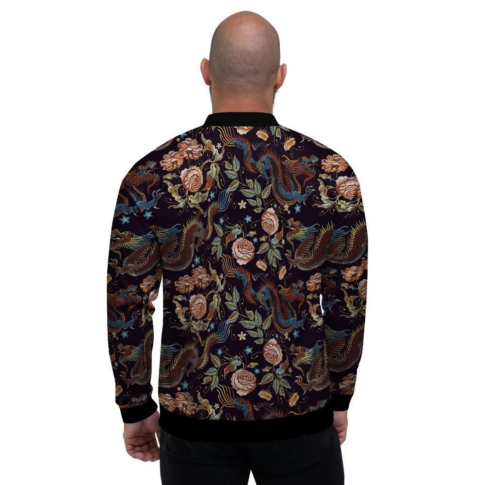 Vintage Chinese Dragon Floral Print Men's Bomber Jacket-grizzshop
