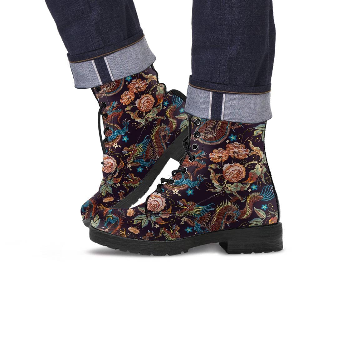 Vintage Chinese Dragon Floral Print Men's Boots-grizzshop
