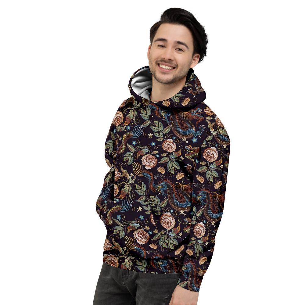 Vintage Chinese Dragon Floral Print Men's Hoodie-grizzshop
