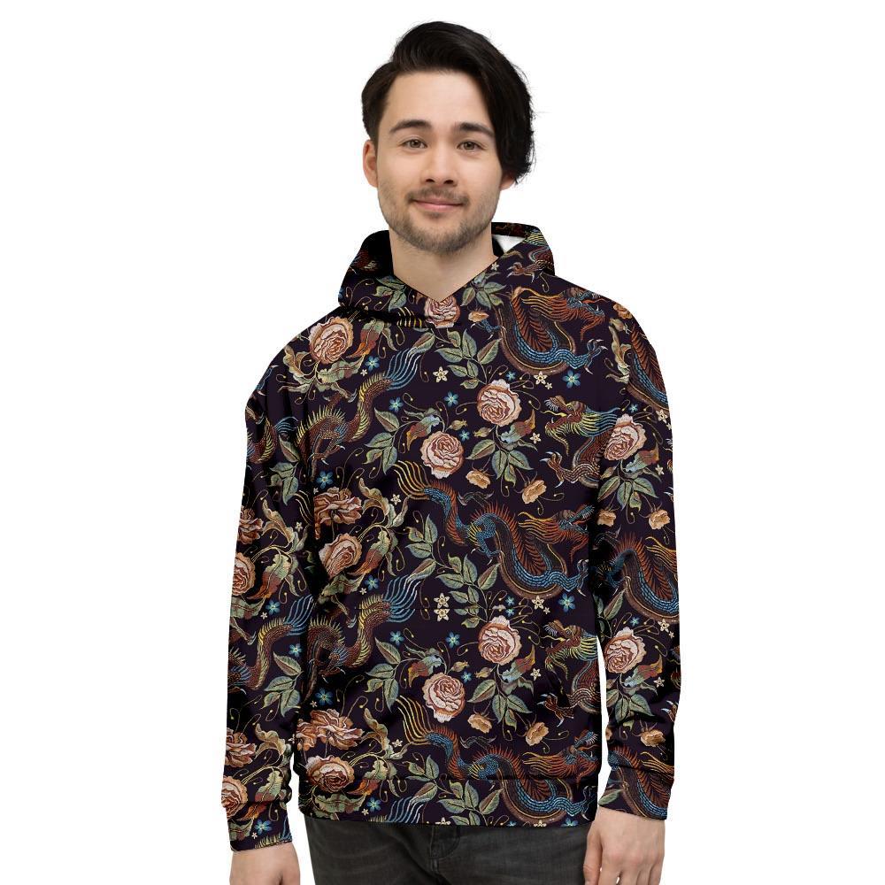Vintage Chinese Dragon Floral Print Men's Hoodie-grizzshop