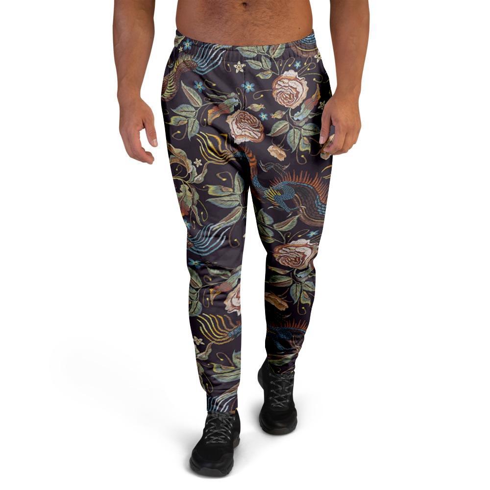 Vintage Chinese Dragon Floral Print Men's Joggers-grizzshop