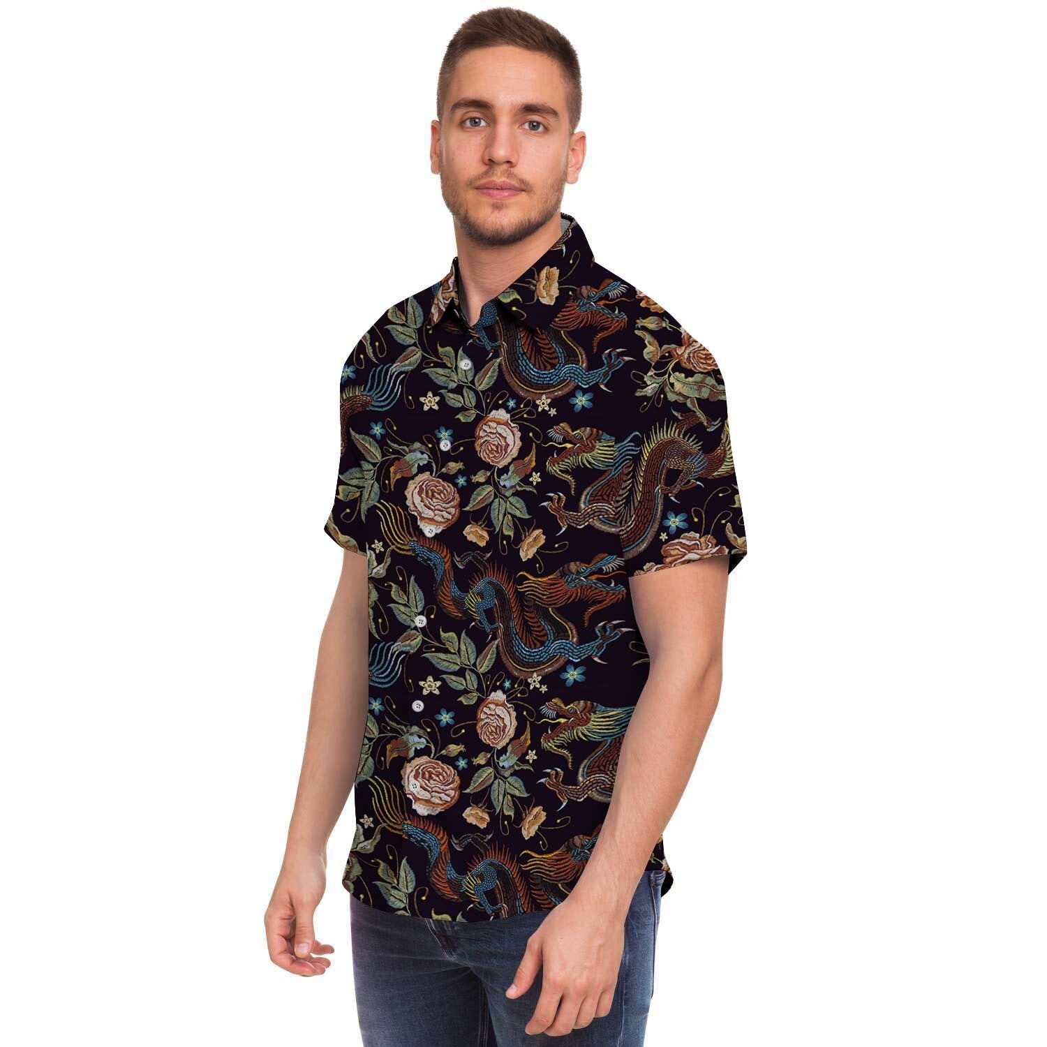 Vintage Chinese Dragon Floral Print Men's Short Sleeve Shirt-grizzshop