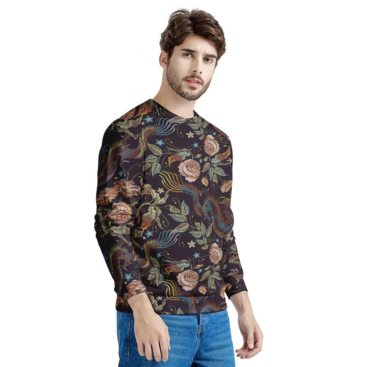 Vintage Chinese Dragon Floral Print Men's Sweatshirt-grizzshop