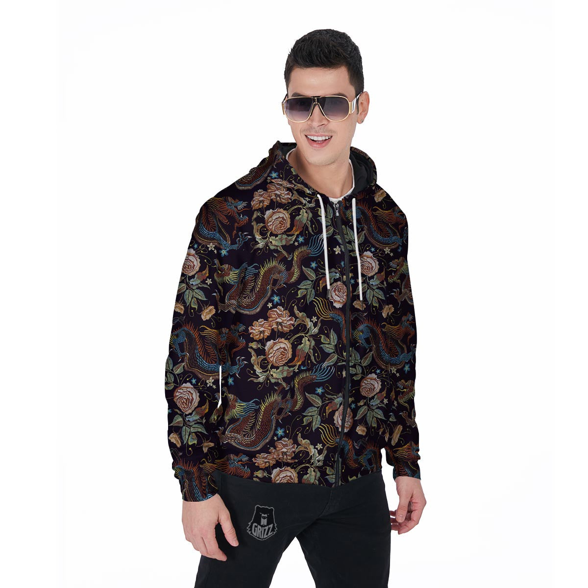 Vintage Chinese Dragon Floral Print Men's Zip Up Hoodie-grizzshop