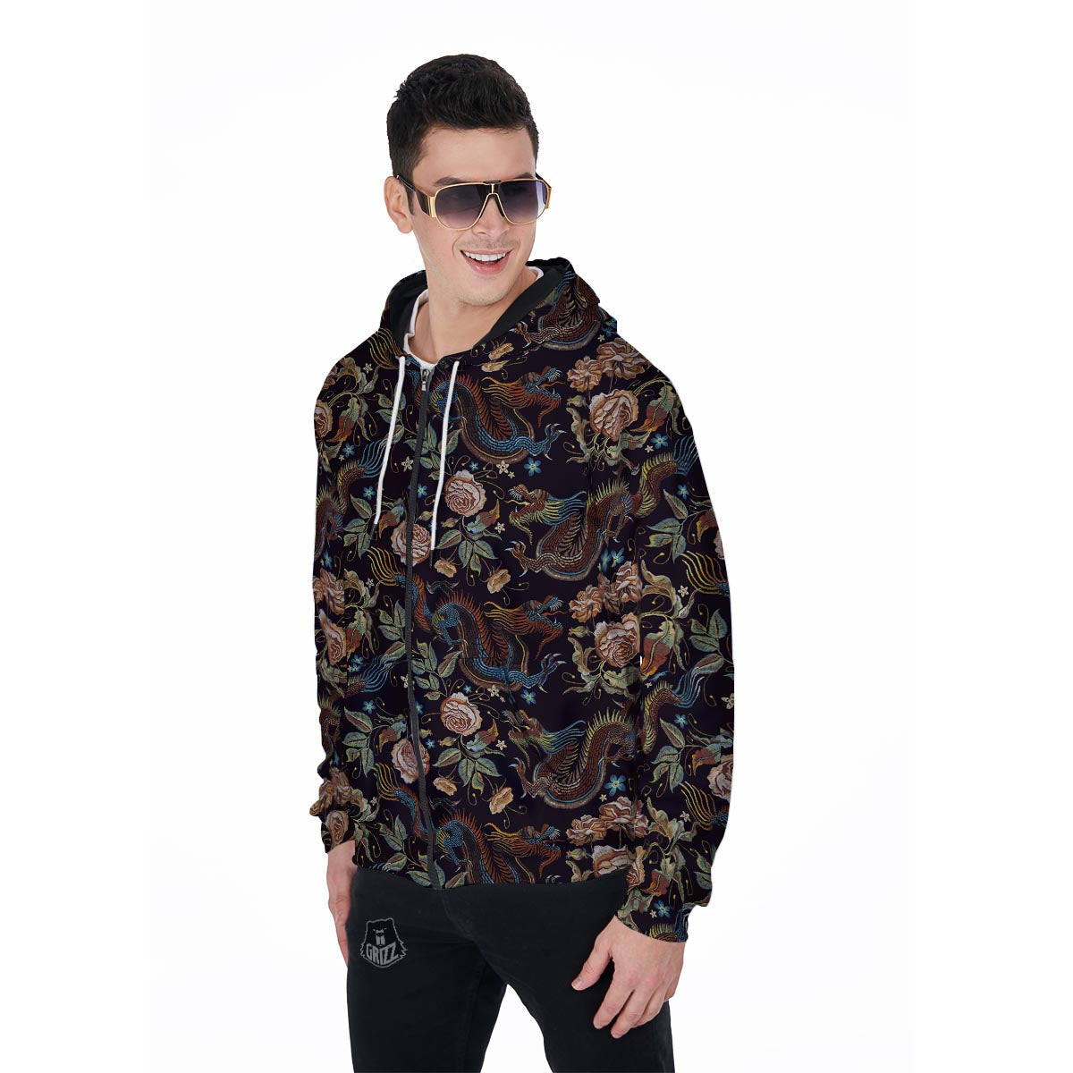 Vintage Chinese Dragon Floral Print Men's Zip Up Hoodie-grizzshop