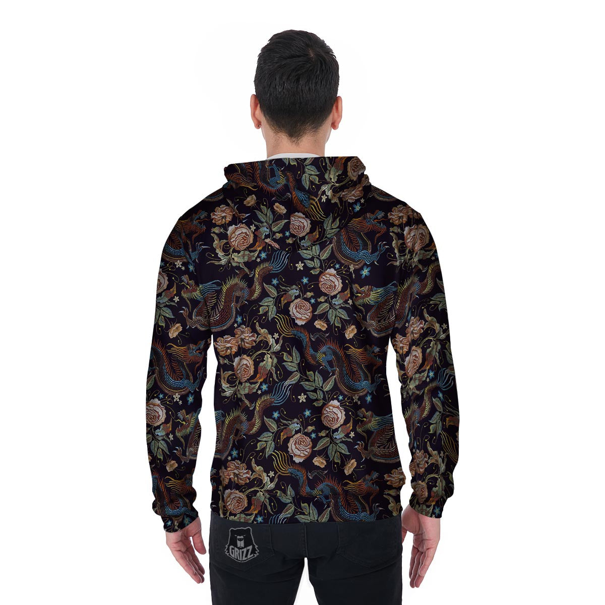 Vintage Chinese Dragon Floral Print Men's Zip Up Hoodie-grizzshop