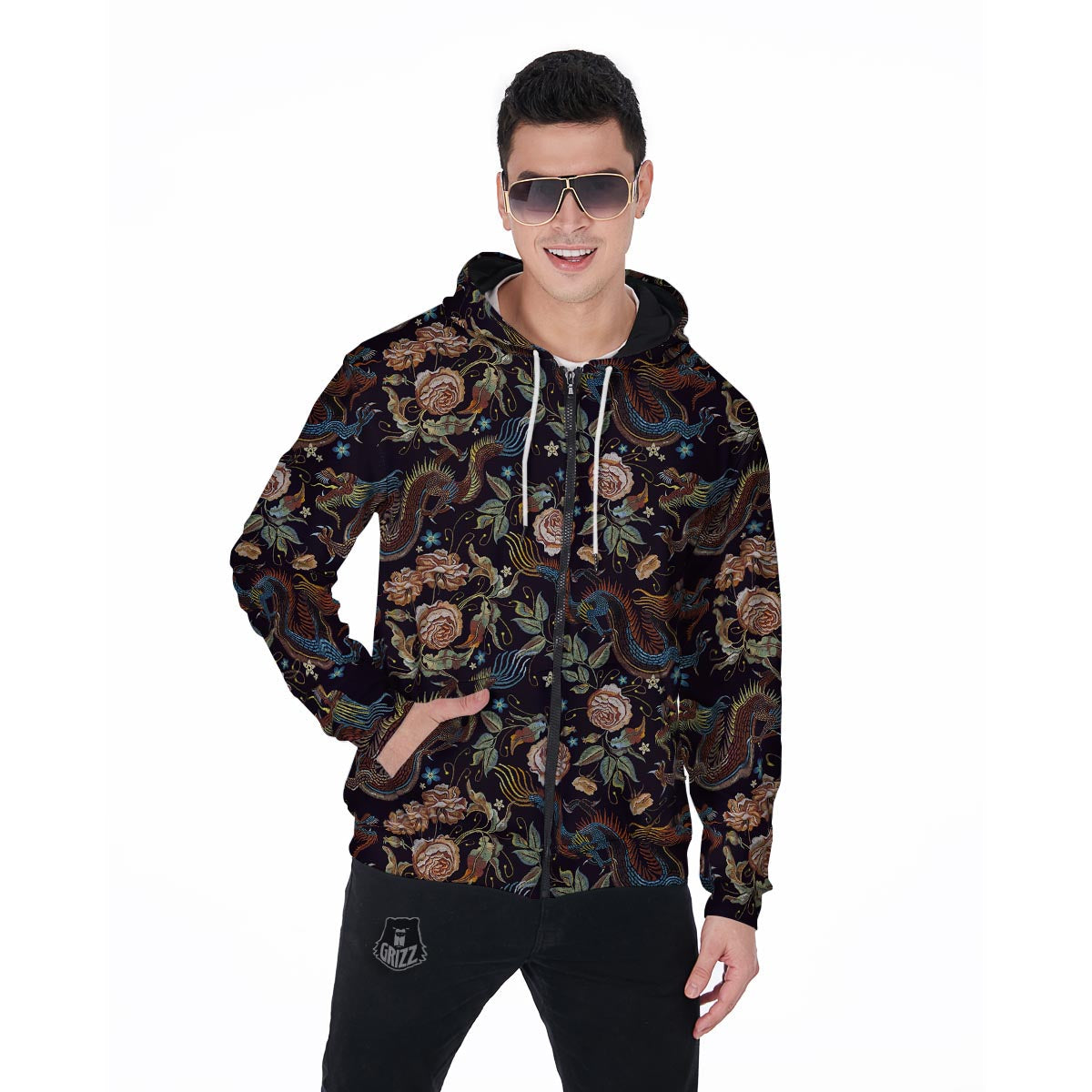 Vintage Chinese Dragon Floral Print Men's Zip Up Hoodie-grizzshop