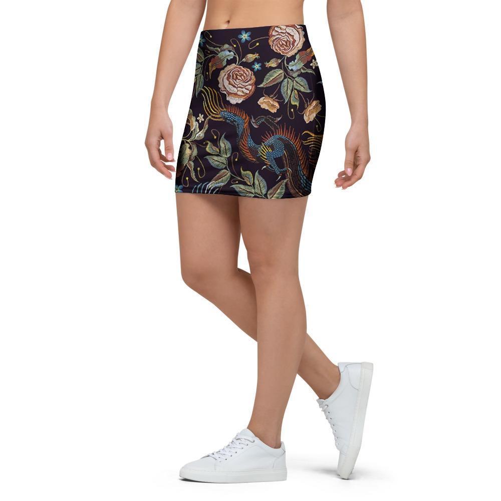 Vintage Chinese Dragon Floral Print Mini Skirt-grizzshop