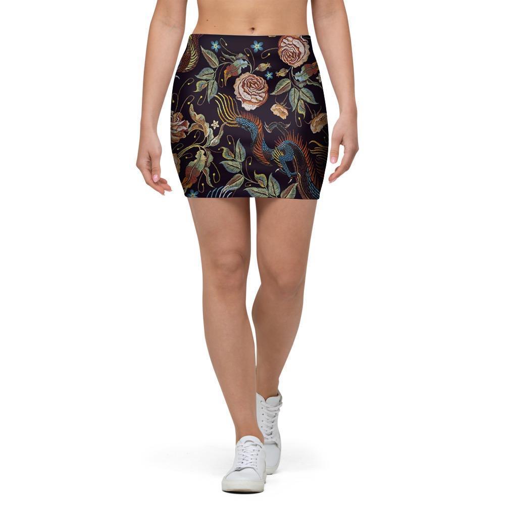Vintage Chinese Dragon Floral Print Mini Skirt-grizzshop