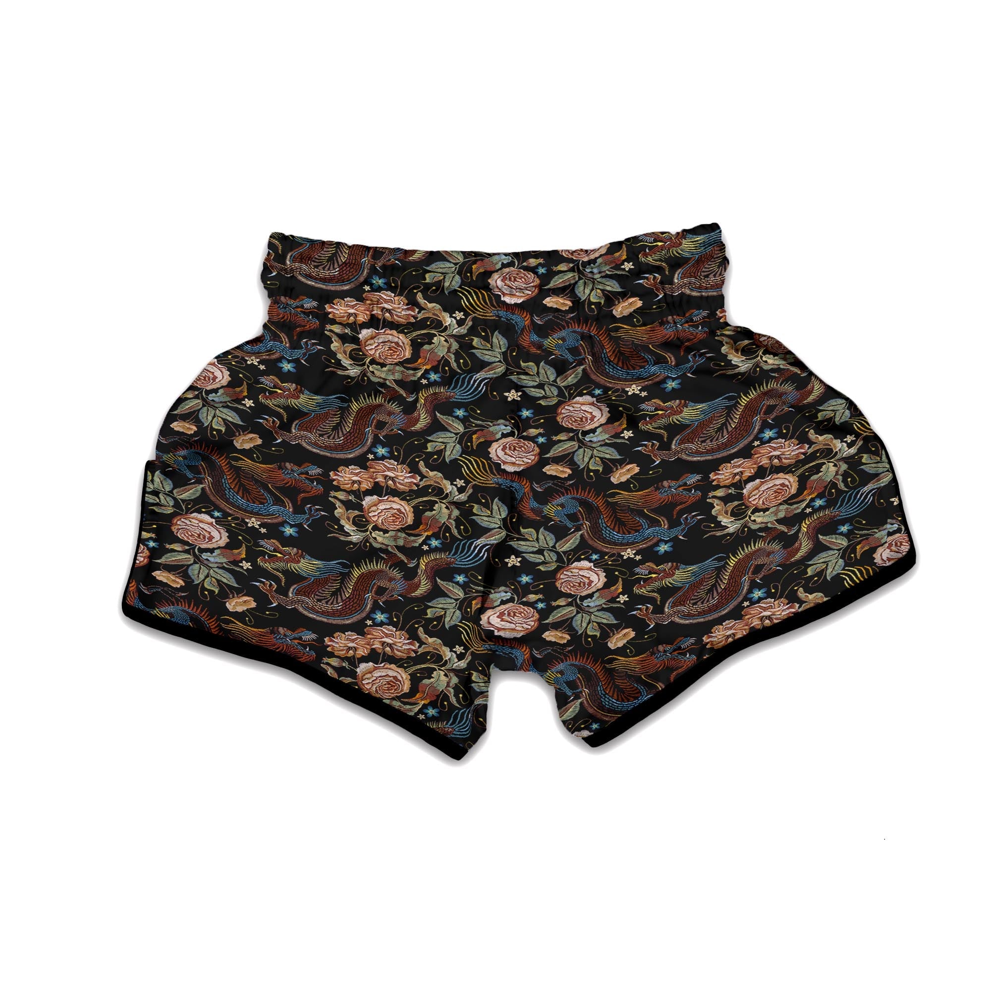 Vintage Chinese Dragon Floral Print Muay Thai Boxing Shorts-grizzshop