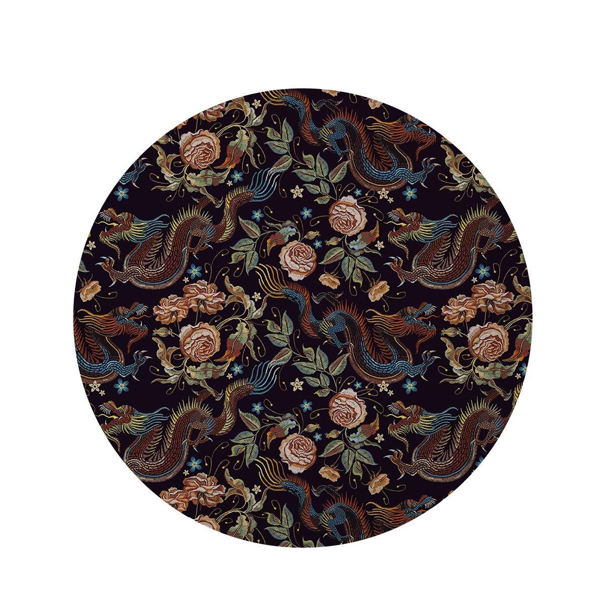 Vintage Chinese Dragon Floral Print Round Rug-grizzshop