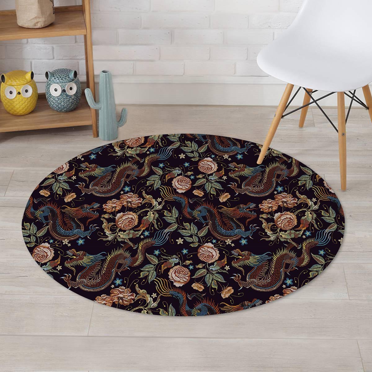 Vintage Chinese Dragon Floral Print Round Rug-grizzshop