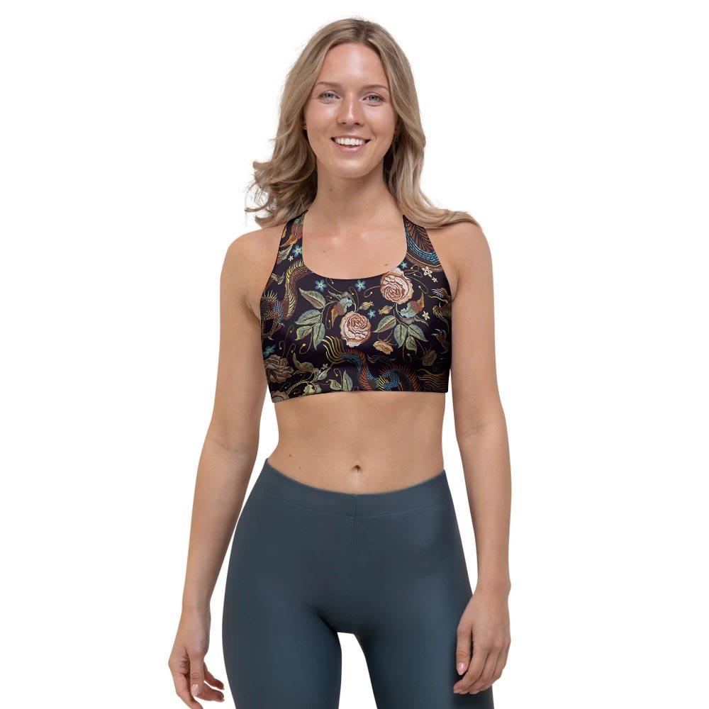 Vintage Chinese Dragon Floral Print Sports Bra-grizzshop