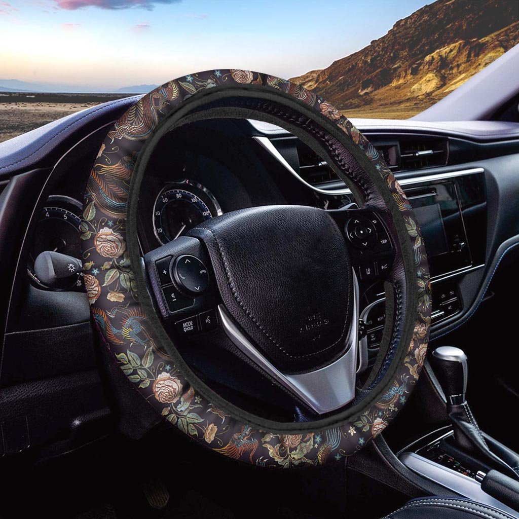 Vintage Chinese Dragon Floral Print Steering Wheel Cover-grizzshop