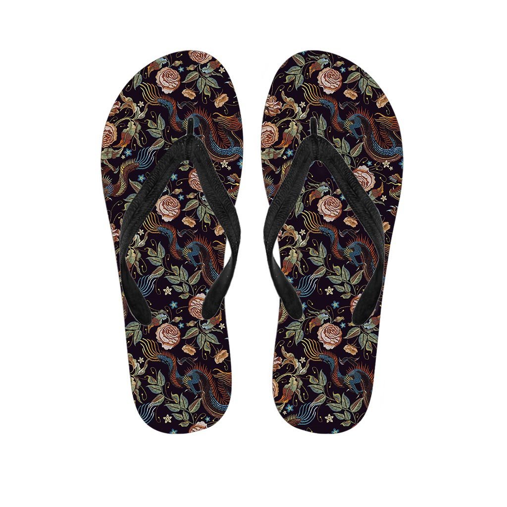 Vintage Chinese Dragon Floral Print Women's Flip Flops-grizzshop
