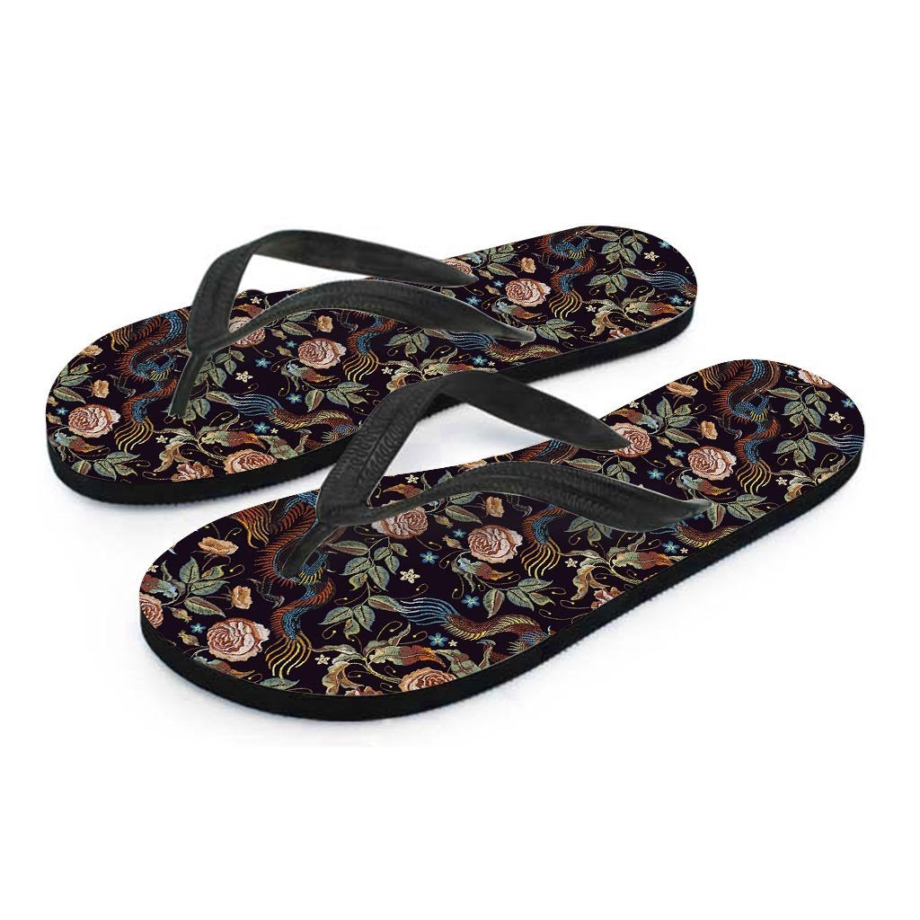 Vintage Chinese Dragon Floral Print Women's Flip Flops-grizzshop
