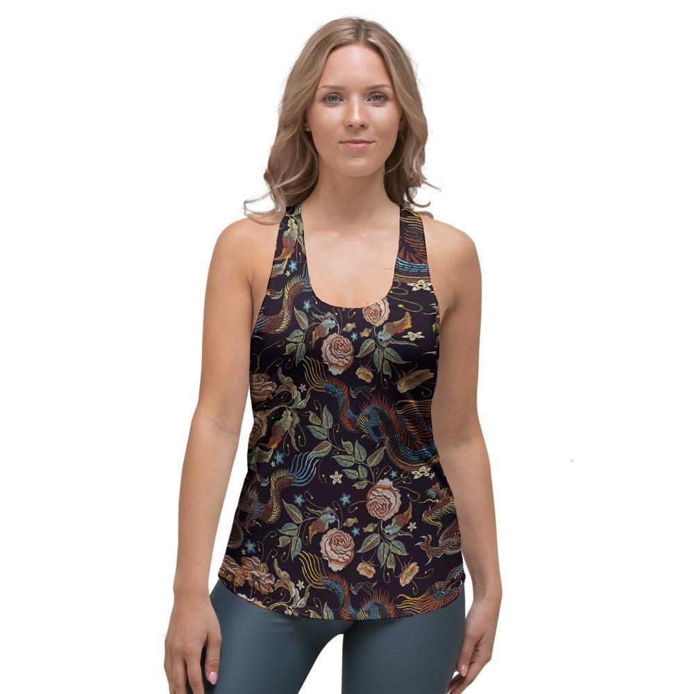 Vintage Chinese Dragon Floral Print Women's Racerback Tank Top-grizzshop