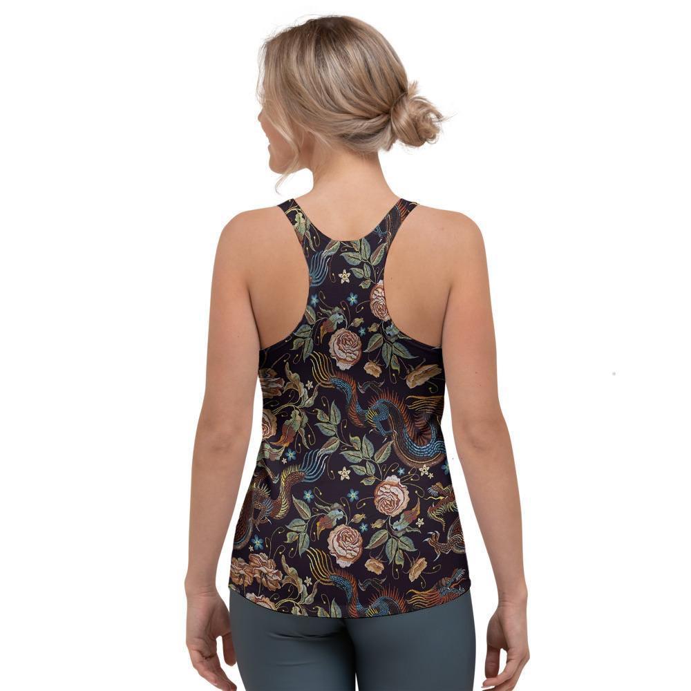 Vintage Chinese Dragon Floral Print Women's Racerback Tank Top-grizzshop