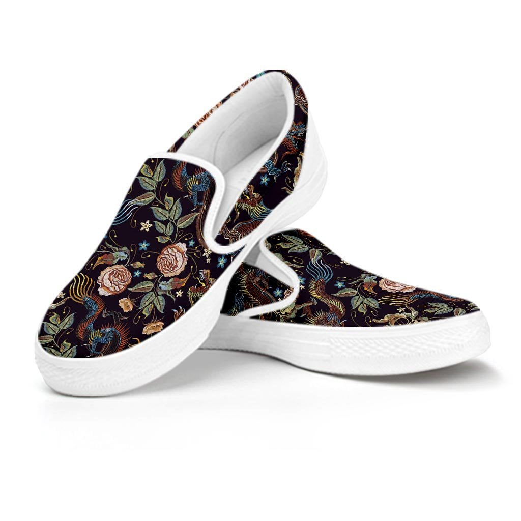 Vintage Chinese Dragon Floral Print Women's Slip On Sneakers-grizzshop