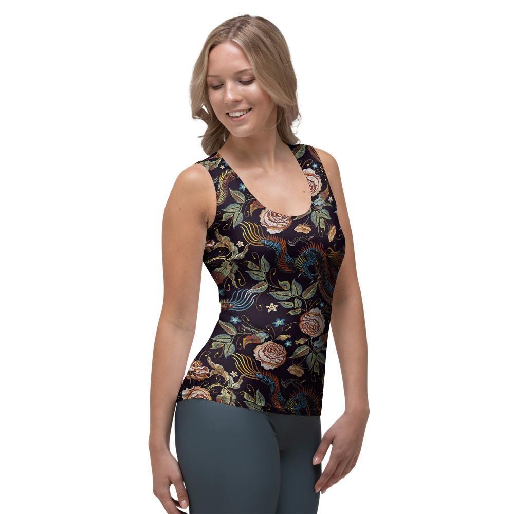 Vintage Chinese Dragon Floral Print Women's Tank Top-grizzshop