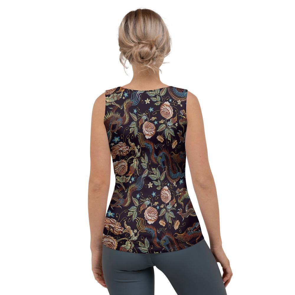 Vintage Chinese Dragon Floral Print Women's Tank Top-grizzshop