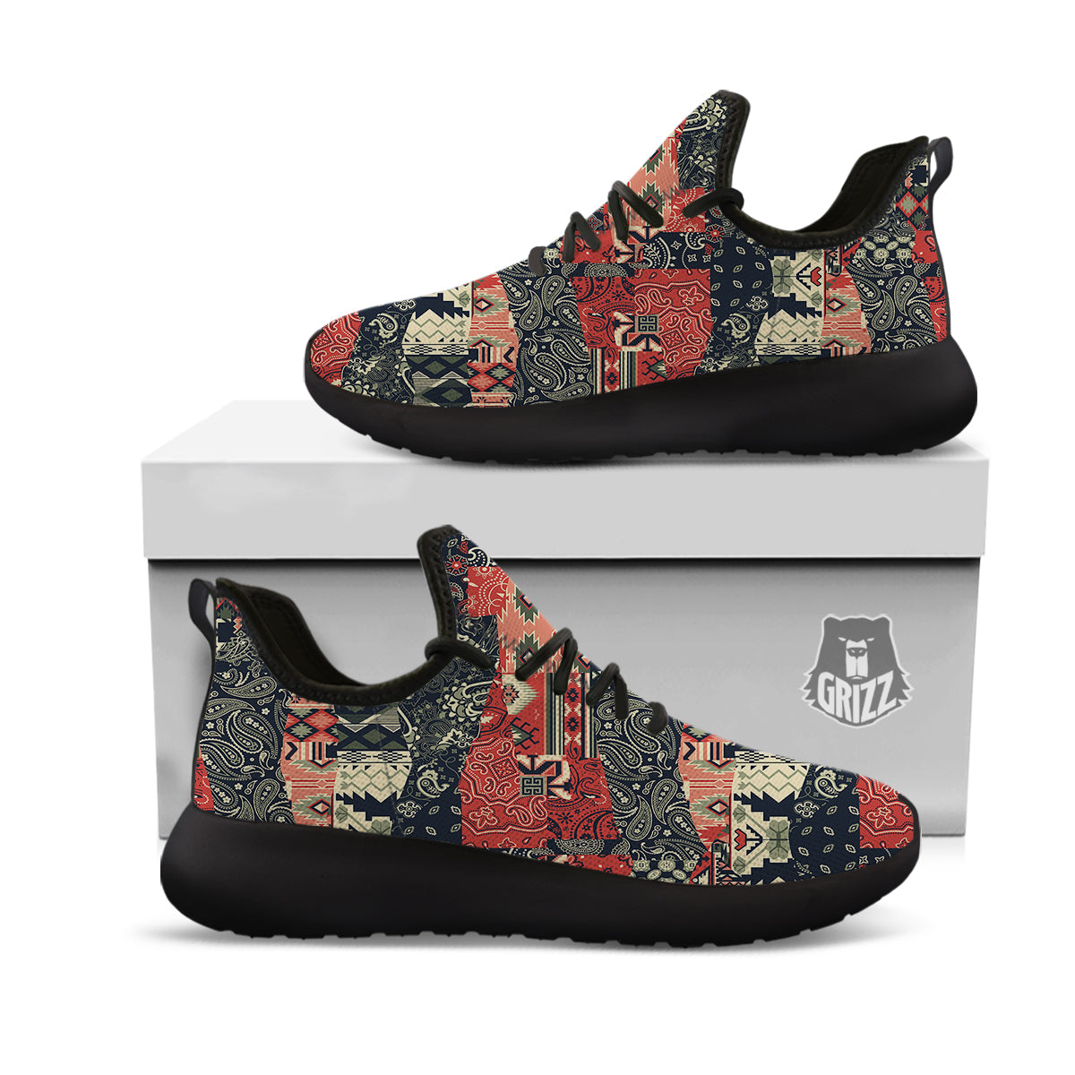 Vintage Color Bandana Patchwork Abstract Print Pattern Black Athletic Shoes-grizzshop